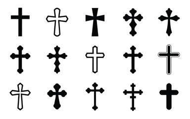 Various cross symbols in black on white background for design and religious use