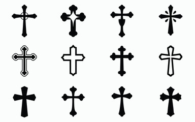 Various cross symbols in black on white background for design and religious concepts