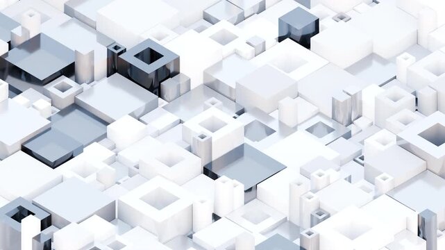 White and glass 3D cubes in seamless looping animation. Tech science fintech crypto big data. Abstract animation 4k seamless looped video 3d render