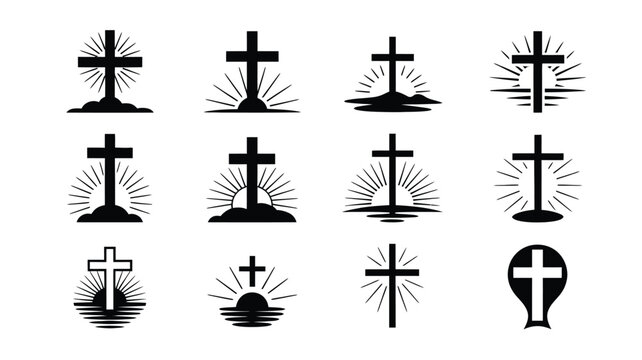 Various christian cross symbols in black silhouette on white background for religious or spiritual use