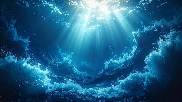深海に差し込む光の筋と力強く渦巻く海流（神秘的・紺色）
Deep sea underwater current with sunlight rays and swirling water.