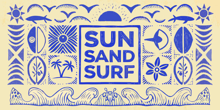 Blue and yellow retro illustration featuring sun sand surf and ocean motifs
