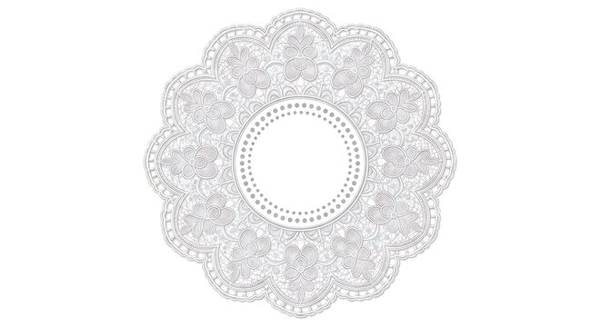 Intricate lace doily design with floral patterns and scalloped edges on white background
