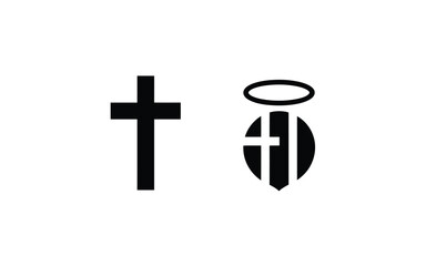 Fototapeta premium Simple black cross and angelic shield symbol on white background for faith spirituality and religion concepts