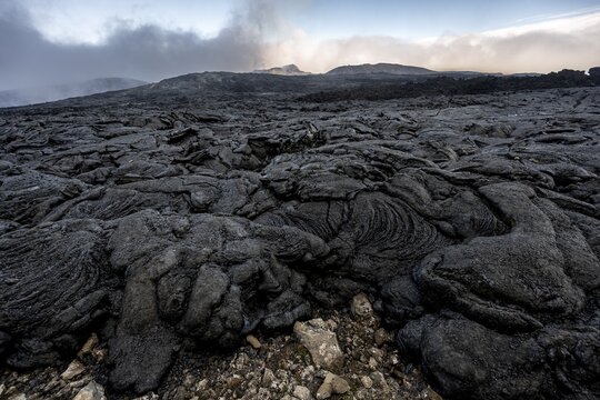 Petrified lava, volcanic rock in bizarre shapes, lava field, volcanic eruption, active table volcano Fagradalsfjall, Kr&yacute;suv&iacute;k volcanic system, Reykjanes Peninsula, Iceland