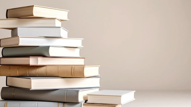 A stack of various books with different colors and sizes on a neutral background.