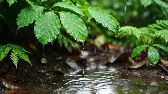 A calming, close-up shot of rainforest vegetation glistening with raindrops. Ideal for illustrating nature, environmental conservation, or concepts li