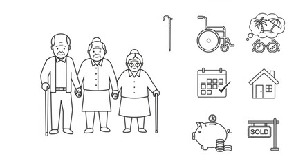 Elderly couple and man with canes and associated icons.