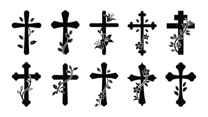 Fototapeta premium Collection of black crosses with floral elements in various designs and styles on white background symbolizing faith and spirituality
