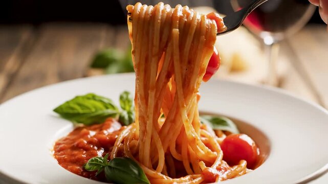 Delicious spaghetti twirl with fresh basil and cherry tomatoes in cozy dining setting