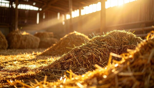 FlyPro Firefly: Piles of Dried Animal Fodder in a Communal Barn Area with Bright Sunlight