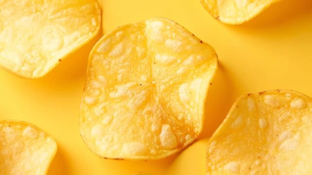 Close-up shot of golden potato chips arranged on a vibrant yellow background, perfect for snack concepts.