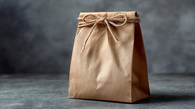 Eco-friendly brown kraft paper bag tied with a rustic jute rope bow on a dark textured background, perfect for sustainable gift packaging and organic product branding.