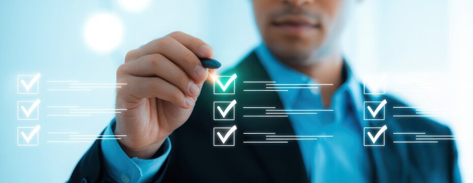 A professional businessman checks virtual boxes on a transparent screen with a stylus.