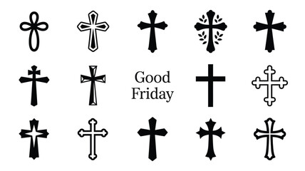 Fototapeta premium Collection of various black christian cross symbols on white background for good friday religious themes and faith related designs