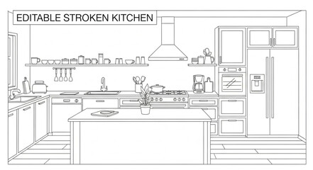 Editable Hand Drawn Sketch of a Modern Kitchen Interior.