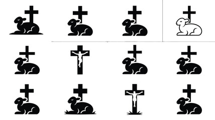 Collection of black lamb and cross symbols varying designs white background religious themes vector illustrations © Antu