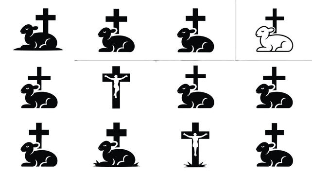 Collection of black lamb and cross symbols varying designs white background religious themes vector illustrations