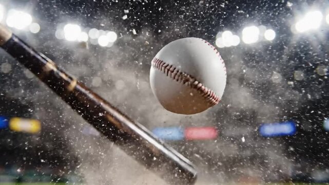 Epic slow motion baseball bat impact hitting the ball in a professional stadium with bright lights and a dark background