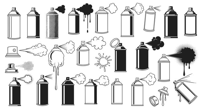 Collection of black and white spray paint cans with various caps and nozzles