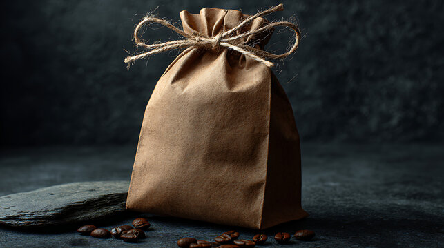 Rustic Brown Paper Pouch Tied with Twine and Scattered Coffee Beans on Dark Textured Background for Artisanal Branding Mockup and Eco-Friendly Food Packaging Design.