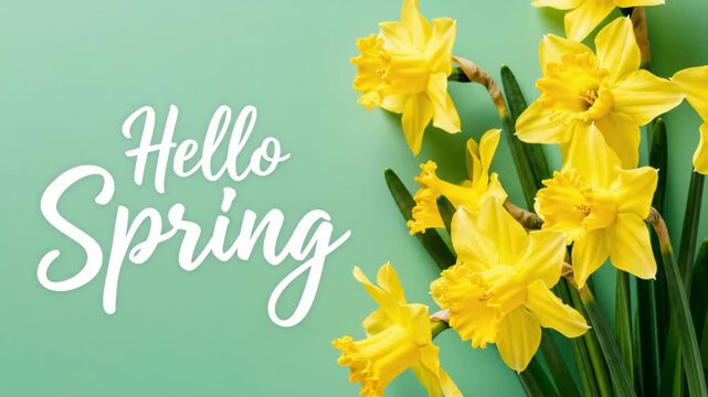 Lush fresh vibrant yellow daffodils bouquet with elegant Hello Spring message on light green background