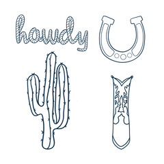 Cowboy Line Art Cowgirl blue set, graphic illustration.