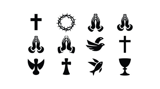 Collection of christian symbols including crosses doves chalices and praying hands on a white background representing faith and spirituality