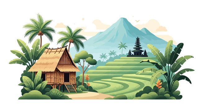 Bali village vector with bamboo hut, rice terraces, palm trees, and temple silhouette with mountain backdrop. Ideal for travel, tourism, tropical landscape, and Indonesian culture design.