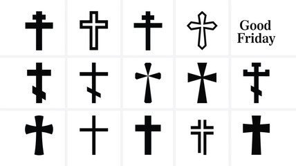 Collection of black christian cross designs on white background good friday symbols various styles and shapes religious icons vector graphics