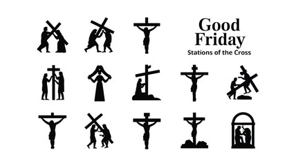Obraz premium Good friday stations of the cross icons set christian symbols black silhouettes on white background religious illustrations