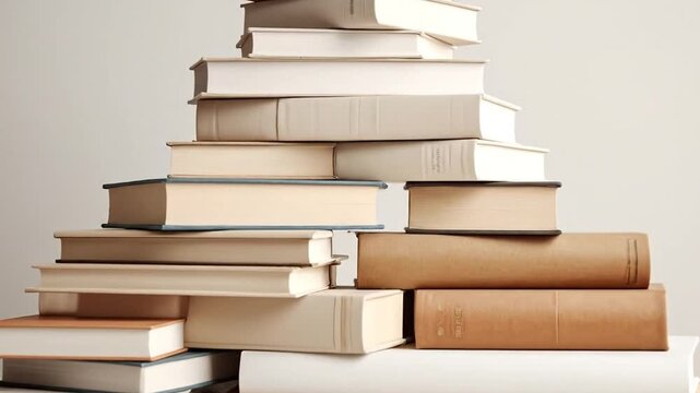 A carefully arranged stack of books, creating a visually appealing composition against a neutral background.