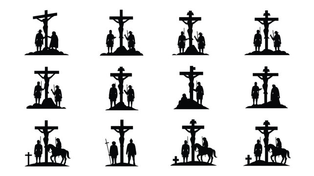 Collection of black silhouettes depicting the stations of the cross with various figures and crosses on hillocks
