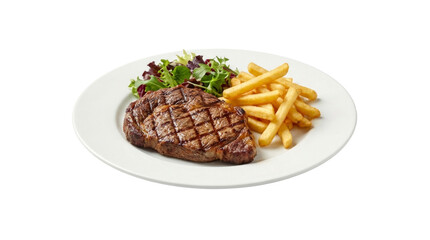 Plakat Grilled steak with fries and salad on white plate, isolated object, transparent background