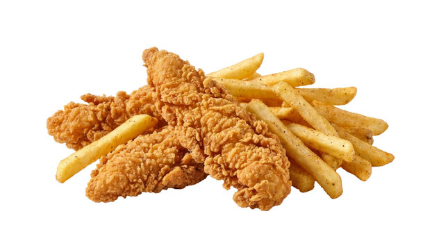 Crispy fried chicken tenders with golden french fries isolated on a transparent background