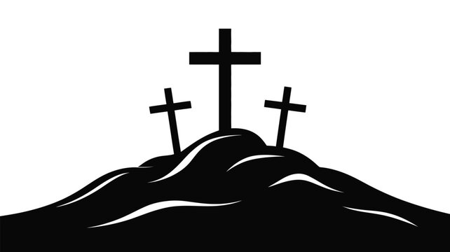 Three crosses on a hill with a white background symbolizing faith and spirituality in a simple graphic design