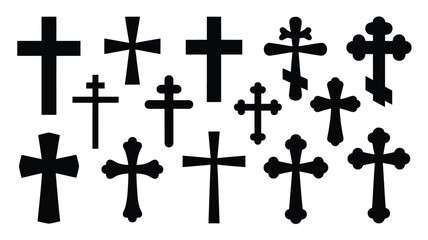 Collection of various black crosses on white background symbolizing faith and spirituality in different styles and designs