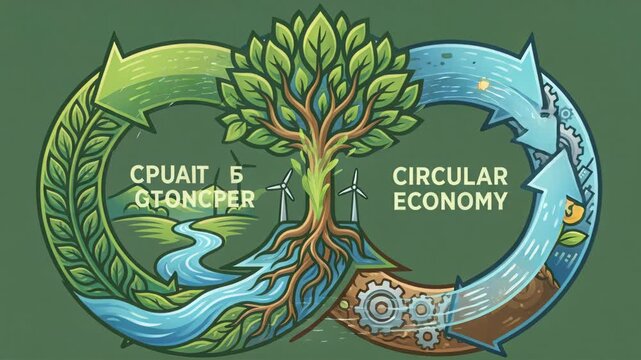 Circular economy tree renewable river wind turbine gear infinity loop sustainable growth nature industry interconnected future circular economy