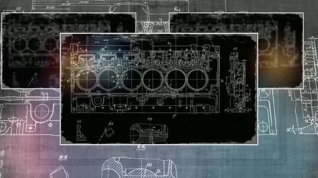 Video animation. Cylinder block of engine of 
cargo vehicle. Animated motion effect.
Engineering mechanical drawing of automotive
device on paper sheet. Technology design 
of machine building industry
