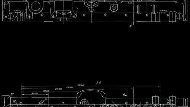Video animation. Cylinder block of engine of 
cargo vehicle. Animated motion effect.
Engineering mechanical drawing of automotive
device on paper sheet. Technology design 
of machine building industry