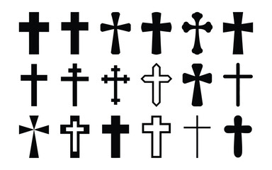 Collection of various black cross symbols in different styles and designs on white background faith and spirituality icons