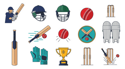 A colorful illustration of various cricket equipment and accessories.