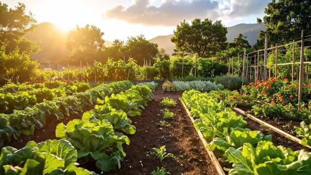 A vibrant and flourishing vegetable garden bathed in the warm glow of the setting sun, showcasing fresh produce.