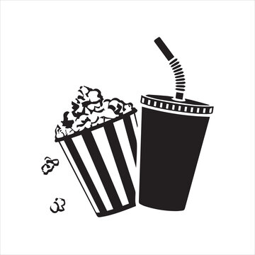 popcorn and movie tickets on white background or silhouette vector 