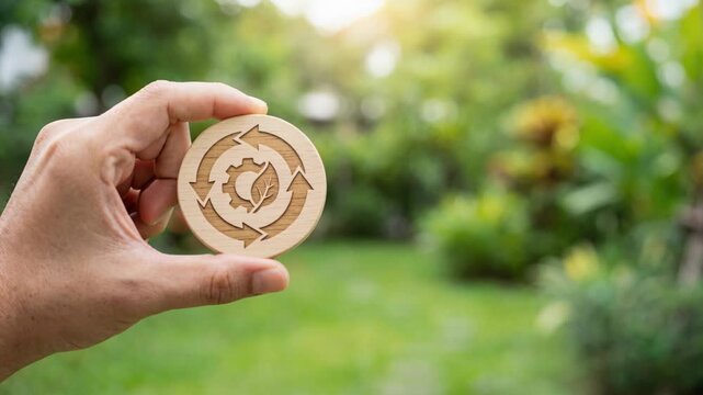 Hand holding wooden coin token circular economy sustainable concept sunlight outdoor garden warmth wood token held hand green background eco friendly