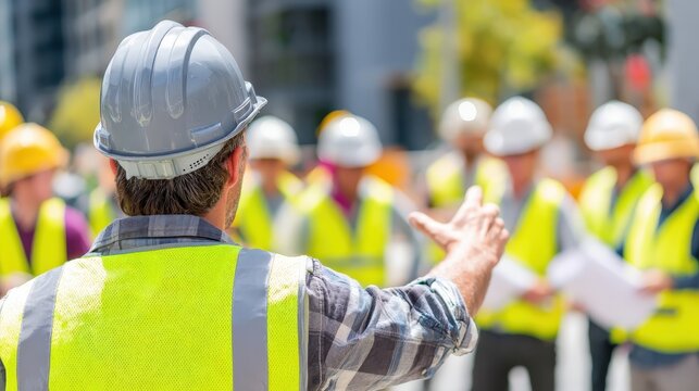 Construction supervisor addresses team members wearing protective gear at outdoor job site