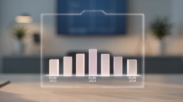 Futuristic holographic bar chart displaying profit growth over three years, 2022 to 2024, projected in a modern office setting with blurred background, financial reports and business presentations