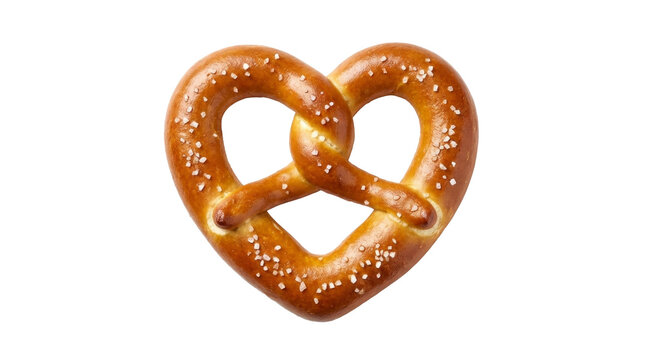 A traditional golden brown heart shaped salted pretzel isolated on a transparent background