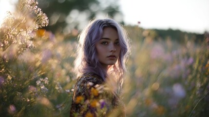 Portrait of a young woman with long, wavy purple hair. she is standing in a field of tall, purple and yellow flowers, with trees in the background.