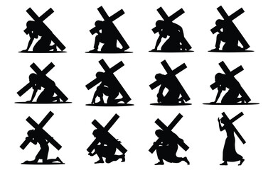 Fototapeta premium Silhouettes of people carrying crosses in various poses on white background symbolizing struggle and perseverance in faith